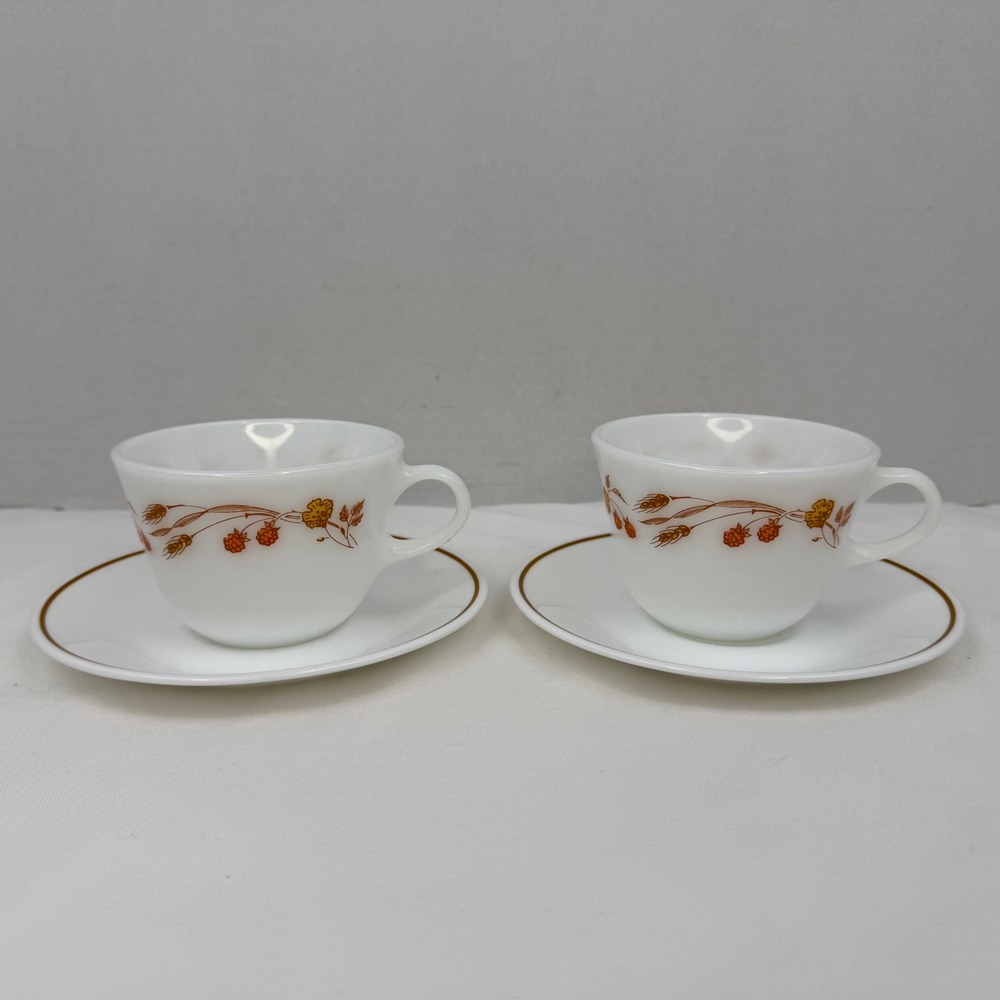 Corelle Pyrex Autumn Harvest Tea Cups and Saucers Set of 2 Vintage Milk Glass